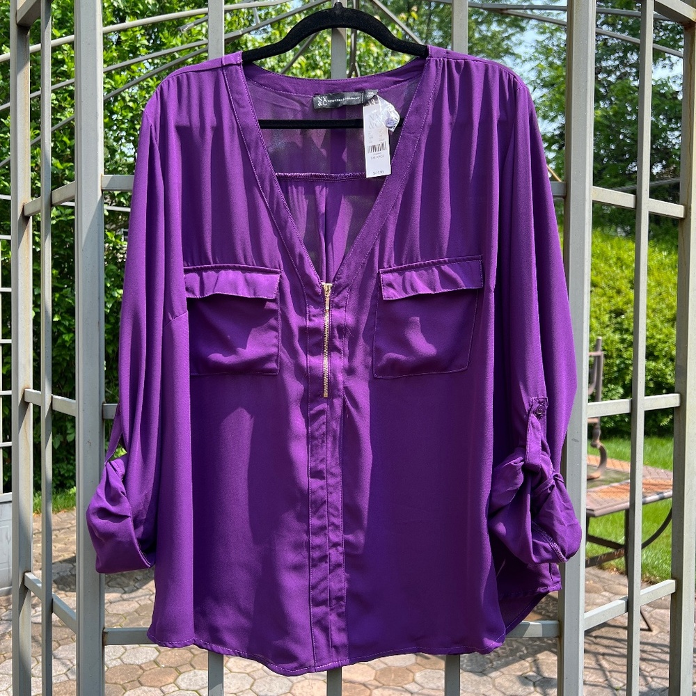NWT NY&Co Half-Zip Rolled Sleeve Top - Size XXL